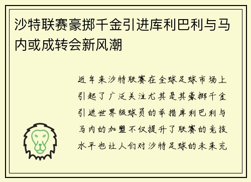 沙特联赛豪掷千金引进库利巴利与马内或成转会新风潮