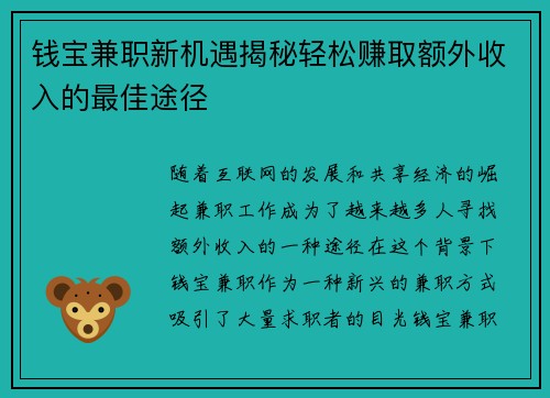 钱宝兼职新机遇揭秘轻松赚取额外收入的最佳途径
