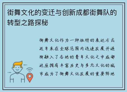 街舞文化的变迁与创新成都街舞队的转型之路探秘