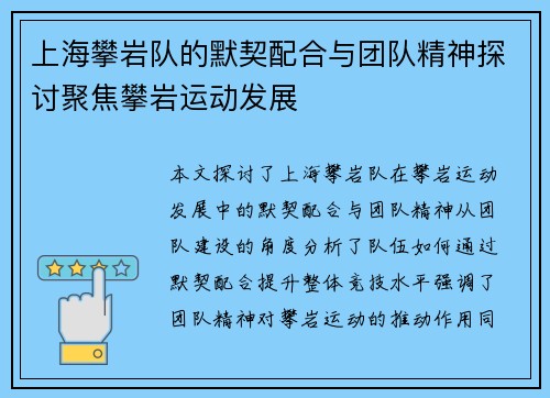 上海攀岩队的默契配合与团队精神探讨聚焦攀岩运动发展