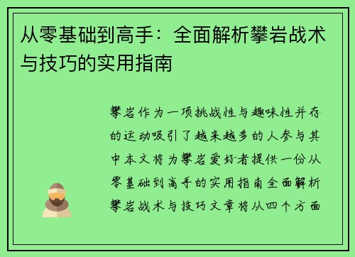 从零基础到高手：全面解析攀岩战术与技巧的实用指南