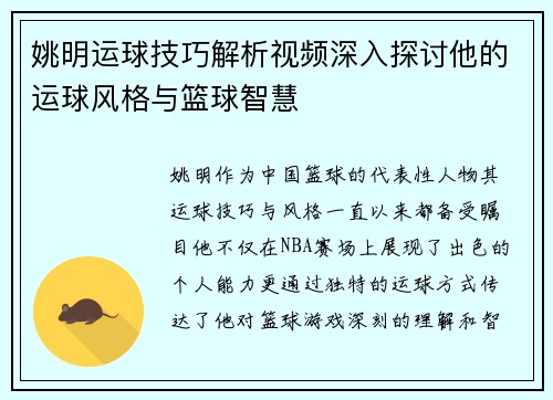 姚明运球技巧解析视频深入探讨他的运球风格与篮球智慧