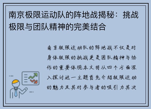 南京极限运动队的阵地战揭秘：挑战极限与团队精神的完美结合