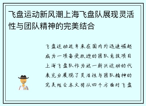飞盘运动新风潮上海飞盘队展现灵活性与团队精神的完美结合