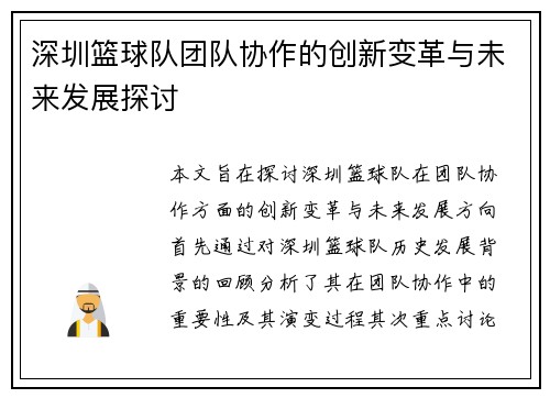 深圳篮球队团队协作的创新变革与未来发展探讨