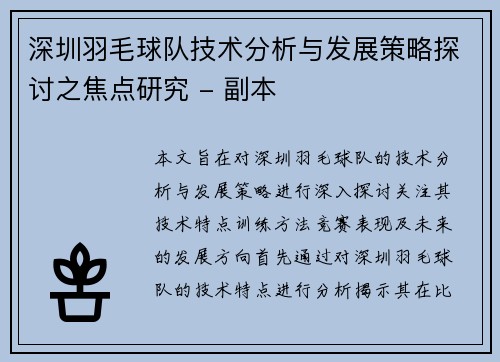 深圳羽毛球队技术分析与发展策略探讨之焦点研究 - 副本